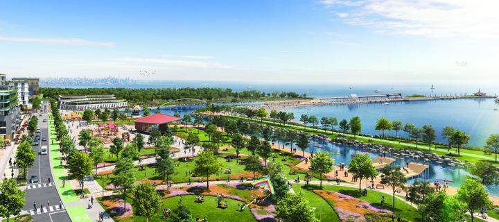 Aerial view of Lakeview Village on Lake Ontario, artist’s concept