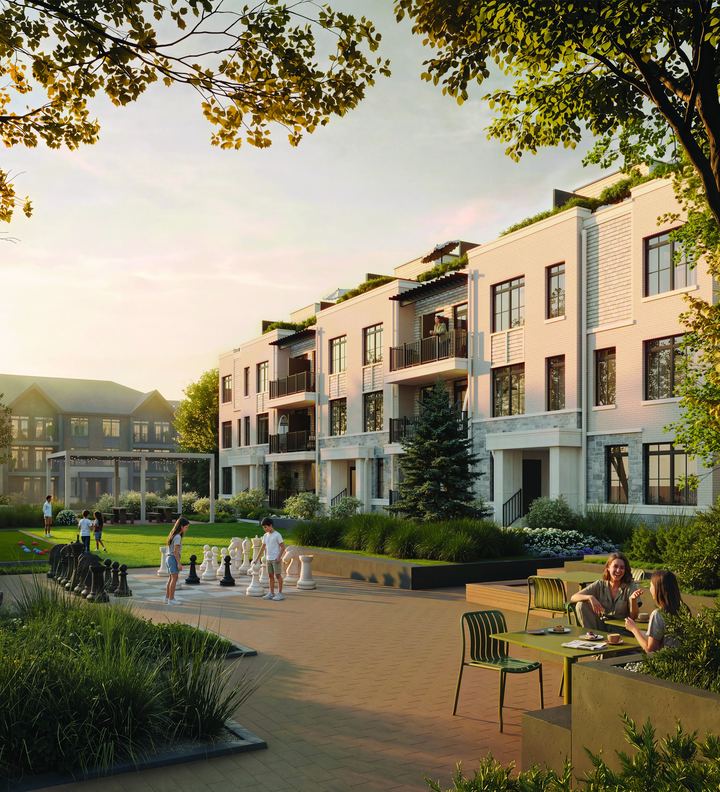 Townhomes facing a landscaped park, artist’s concept