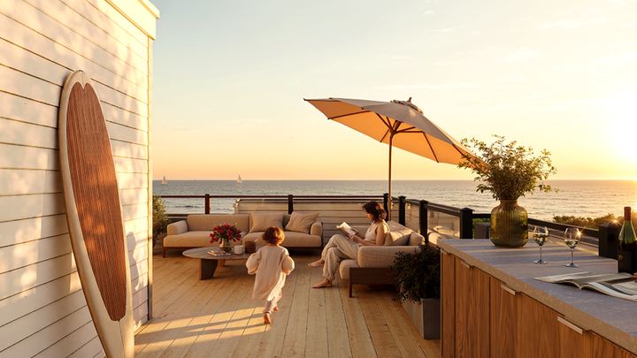 Rooftop terrace at sunset, artist’s concept